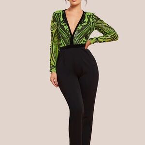 Chic Black and Green Jumpsuit size UK 8 USA size 6